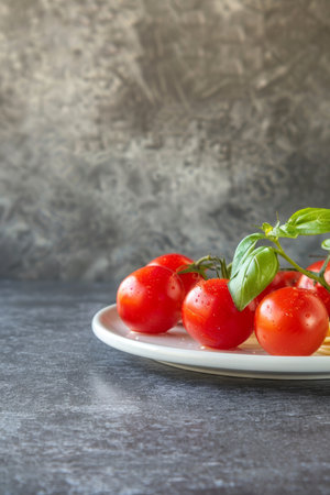 Branch of Fresh Red Cherry Tomatoes on Vine with Basil on White Plate, Gray Backgroundの素材
