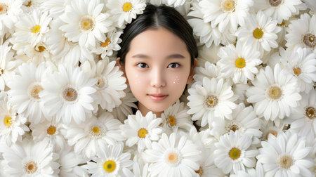 Portrait of Beautiful Young Asian Girl Lying Surrounded By Fresh, White Daisies. Skin Care Conceptの素材