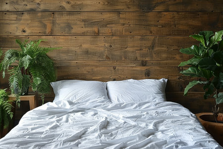 White Bed Sheets on a Bed with Wooden Wall Paneling, Two Fluffy White Pillows and Green Leafy Plantsの素材