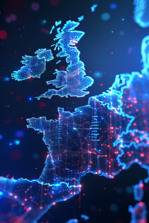 Digital Map of Europe, Glowing Dots and Lines Represent Transportation and Communication Networksの素材