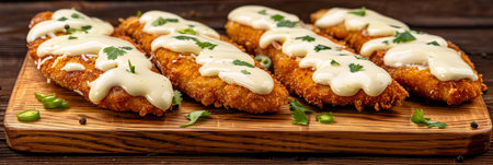 Close-Up of Gourmet Chicken Cutlets with Creamy Garlic Sauce and Parsley on a Rustic Wooden Boardの素材