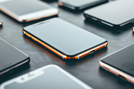 Close Up, Top VIew On Orange Smartphone Surrounding Grey Smartphones On Dark Grey Stone Background.の素材