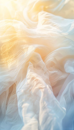 Abstract Background Of White Fabric, Beautiful Soft Drapery, Texture Of Sheer Cloth With Sunlightの素材