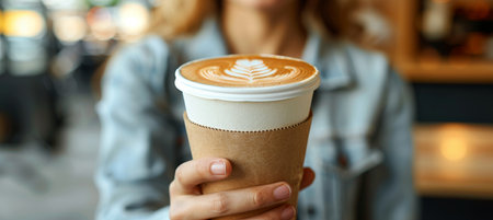 Woman Holding a Takeaway Coffee Cup with Latte Art Enjoying a Warm Beverage in a Cafe Atmosphereの素材