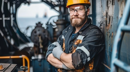 Confident Industrial Worker With Crossed Arms Posing in Engine Room of Offshore Supply Vesselの素材