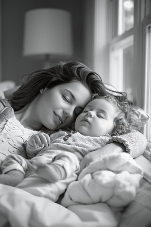 Tender black and white portrait of mother holding and admiring baby sleeping peacefully in her arms.の素材