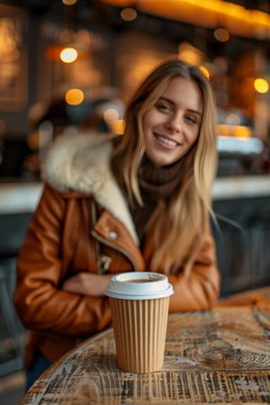 Smiling Girl in Warm Fluffy Jacket with Take Away Coffee sitting in city cafe on weekendの素材