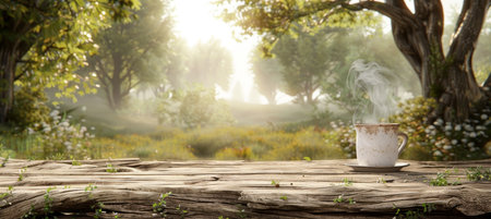 Tranquil scene  white coffee mug on wooden table with steam, natural green landscape backgroundの素材