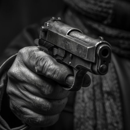 Close-up, Black and White Image of a Hand Gripping a Pistol, Barrel Angled Towards the Viewerの素材
