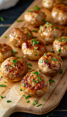 Close-up Of Delicious Stuffed Mushroom Caps With Bread Crumbs And Parsley, On A Cutting Boardの素材