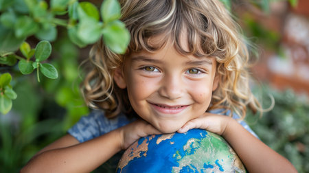 Happy Child Holds Small Globe, Showing Love for the Earth, Environmental Awareness Conceptの素材