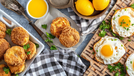 Southern Style Breakfast with Fried Eggs, Golden Brown Hushpuppies, and Fresh Squeezed Lemon Juiceの素材