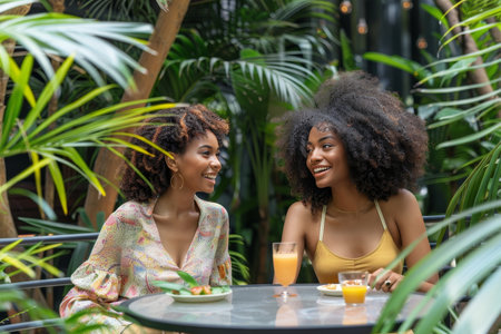 Two Young Women Enjoying Brunch and Conversation in a Lush, Tropical Restaurant Garden Atmosphere.の素材