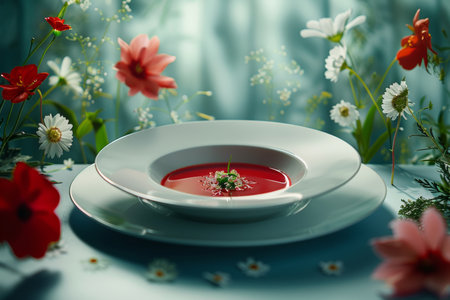 Red beetroot soup in a white plate on a concrete background in a close-up with blossom daisies,の素材