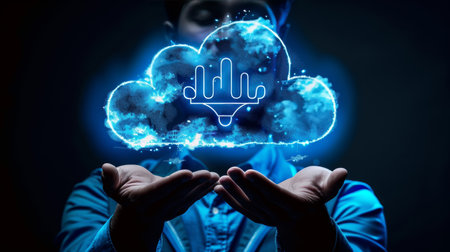Man Holding Illuminated Blue Cloud-Shaped Network Icon, Representing Cloud Storage or Technology 1の素材