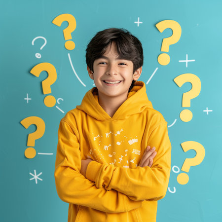 Curious Boy With Question Marks, Portrait Of A Thoughtful Child On Blue Background With Copy Spaceの素材