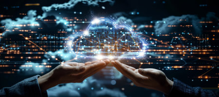 Two Hands Cupped Around Glowing Blue Cloud Formed With Data Streams Against Dark Backgroundの素材