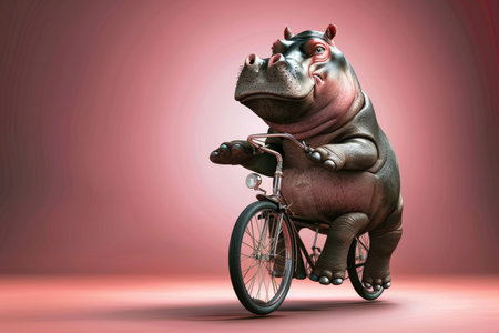 Smiling Hippo Riding a Bike, Large Mammal on Bicycle, Whimsical Anthropomorphic characterの素材