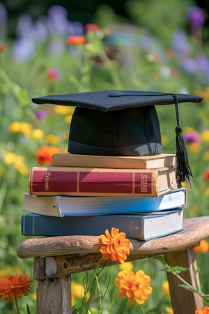 Colorful paperbacks   grad cap on chair in sunny garden with blooming flowers in blurred backgroundの素材