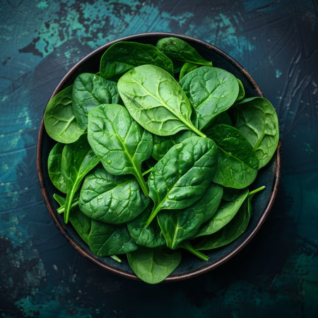 Fresh Organic Baby Spinach Leaves in a Rustic Bowl on Dark Background, Healthy Eating Concept.の素材