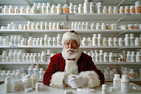 Santa Claus Checks His List Twice With Stacks of Medicine Bottles at the Pharmacy for Christmas.の素材