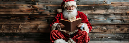 Santa Claus reading book. Santa sitting on wooden background. Christmas holiday conceptの素材