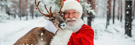 Christmas Magic Santa Claus Shares a Heartwarming Moment with his Reindeer in Winter Wonderlandの素材