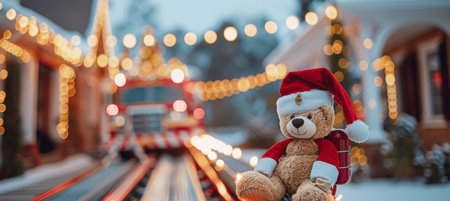 Festive Teddy Bear Enjoys the Magic of Christmas Lights Atop Toy Train with Blurred Backgroundの素材