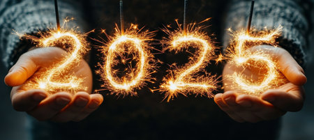 Sparklers Forming Number 2025 for New Year Celebration Held by Person Wearing Sweaterの素材