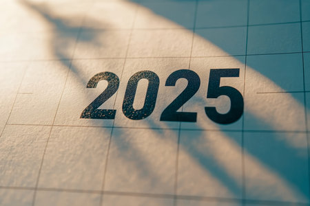 2025 Year Marked on Calendar Page, Shadows of Time Passing, New Year, Resolutions, Goalsの素材