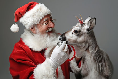 Jolly Santa Claus Veterinarian with Stethoscope Checking Reindeer Fawn. Holiday Veterinary Conceptの素材