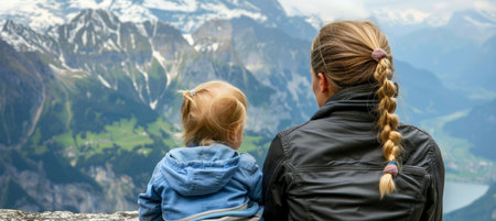 Mother and Daughter Embrace the Majestic Mountain Vista, Family Adventure in the Swiss Alpsの素材