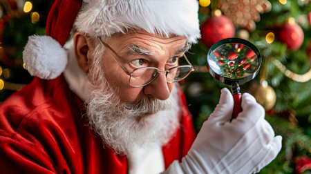 Santa Claus Investigates Christmas Jolly Figure Examines Festive Decorations With Magnifying Glassの素材