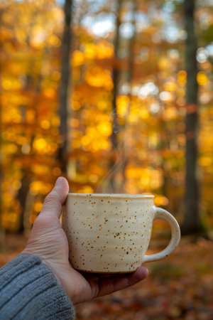 Hand Holding Ceramic Mug of Steaming Beverage in Autumnal Forest, Perfect for Fall Themed Designsの素材