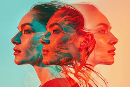 Triple Exposure Artistic Portrait of a Woman with Flowing Red and Teal Color Effectsの素材