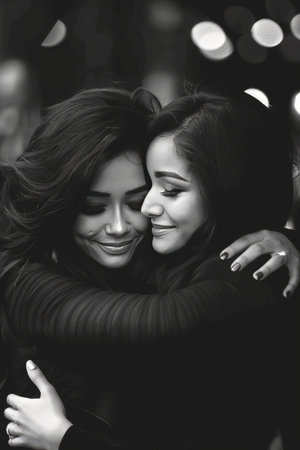 Tender Embrace Two Young Women Sharing A Moment Of Love And Friendship, In Black And White.の素材