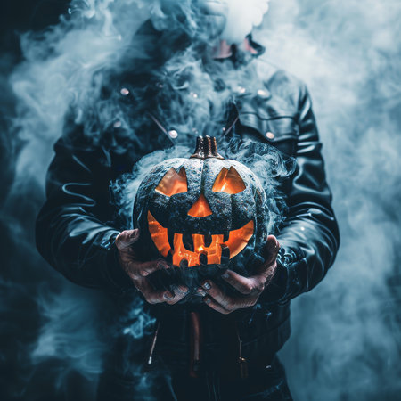 Eerie vampire in fog with carved pumpkin  creepy halloween scene with colorful contrastの素材