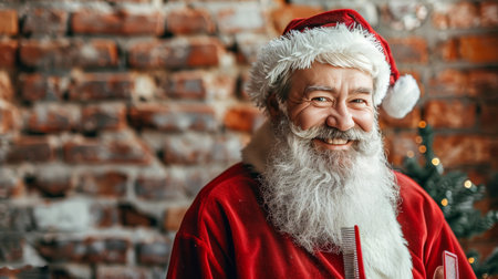 Joyful Santa Claus with White Beard and Red Costume, Holding a Comb, Getting Ready for Christmasの素材