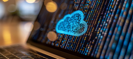 Close-Up of Laptop Screen Displaying Cloud Computing Concept with Binary Code, Technology Backgroundの素材