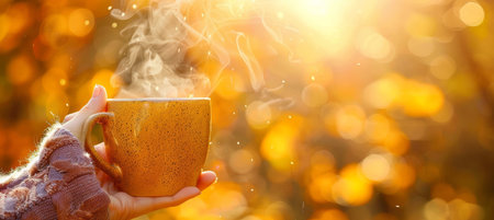 Steaming Mug of Hot Beverage Held in a Hand Against a Beautiful, Blurry, Golden Autumn Backgroundの素材