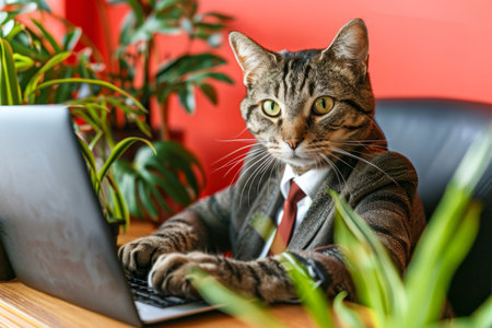 Cat in a Suit Working Diligently on Laptop, Efficient Feline, Office Humor, Funny Pet Photoの素材