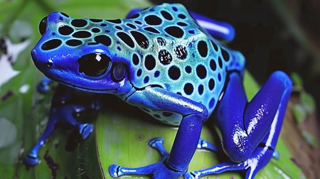 Vivid Blue Poison Dart Frog, Dendrobates Azureus, Perched On A Vibrant Green Leaf, Close-Up Viewの素材