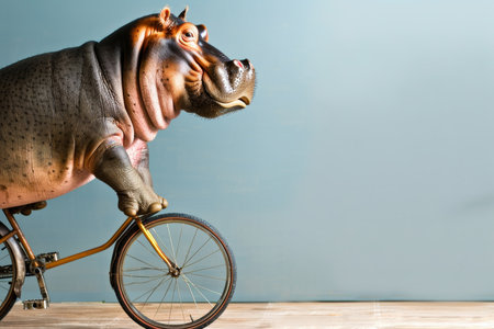 Large, Happy Hippopotamus Riding An Old Fashioned Bicycle Isolated On A Simple Blue Backgroundの素材