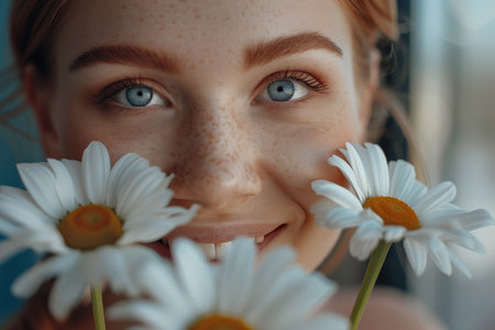 Close-Up Portrait of a Smiling Redhead Woman Holding Chamomile, Flowers and Beauty Conceptの素材