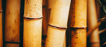Close-Up Of Yellow Bamboo Stalks With Visible Segments. Texture Background Of Asian Evergreen Reedの素材