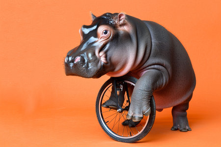 Playful Baby Hippopotamus Balancing on a Miniature Bicycle, Isolated on Orange Backgroundの素材