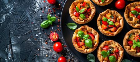 Mini Vegetarian Pies with Colorful Vegetables on Black Rustic Background. Top View, Close Upの素材