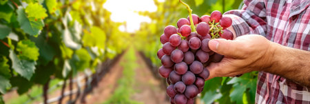 Close-Up, Of A Farmer Examining Bunches Of Red Wine Grapes On The Vine, Harvest Season.の素材