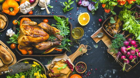 Roasted Chicken Festive Feast, Thanksgiving Dinner Spread with Vegetables and Side Dishesの素材