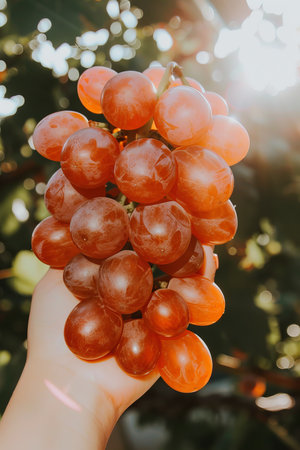 Womans Hand Gently Holding a Luscious Bunch of Red Grapes, Bathed in Golden Sunlightの素材